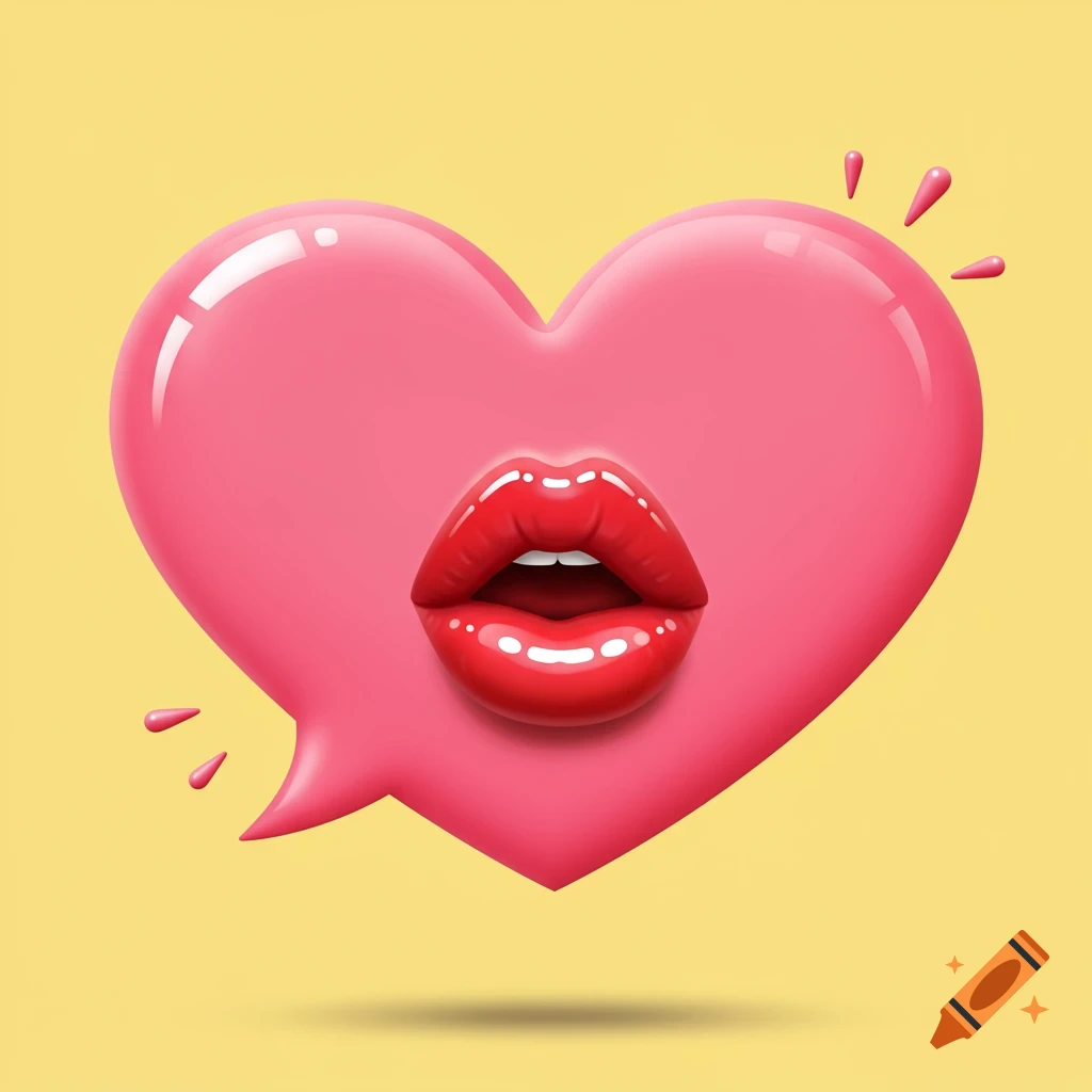A glossy pink heart-shaped speech bubble with bright red lips in the center, set against a yellow background.