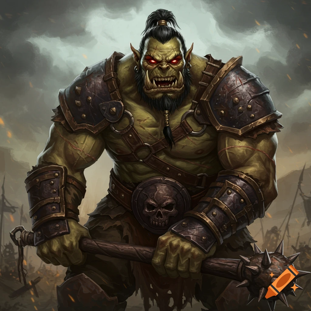 A muscular green orc warrior with red eyes and a topknot holds a spiked club, wearing dark armor against a stormy, battle-scarred background.