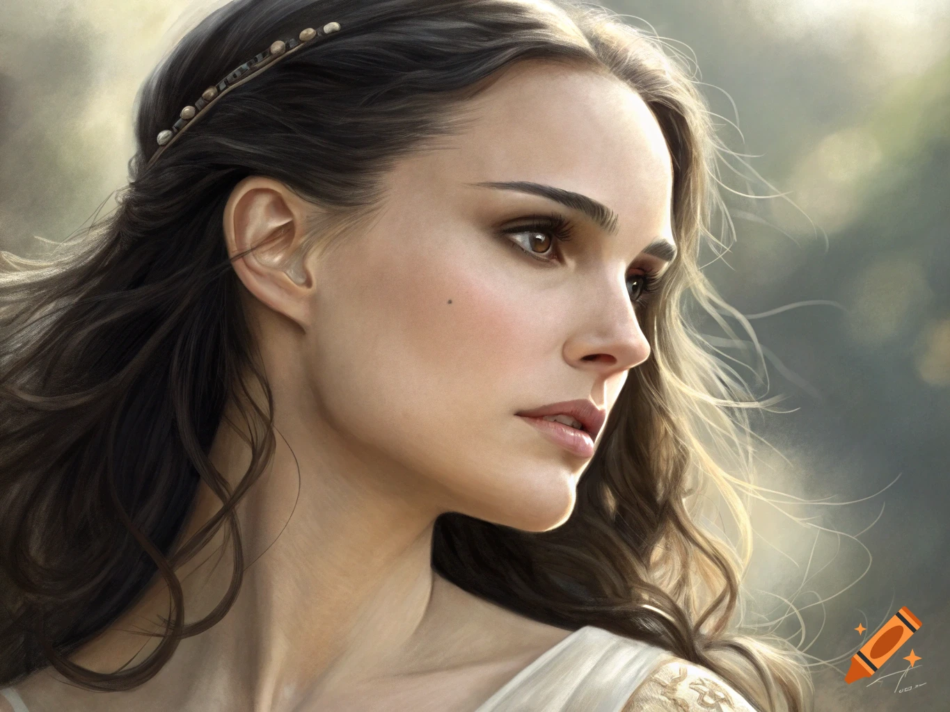 A photorealistic portrait of a woman with long brown hair wearing a white dress, looking pensively to the right.