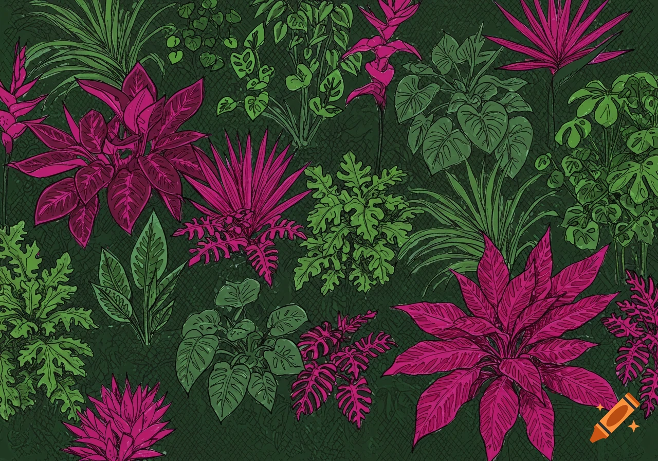 A sketch illustration of a wall of tropical plants with bright pink and magenta foliage against a dark green background.