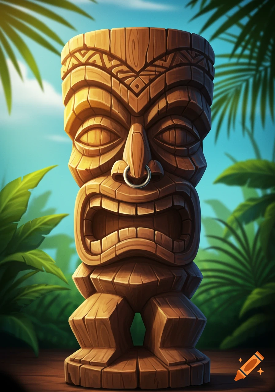 A wooden tiki mask with a septum ring stands in a tropical jungle setting with palm leaves and a blue sky.