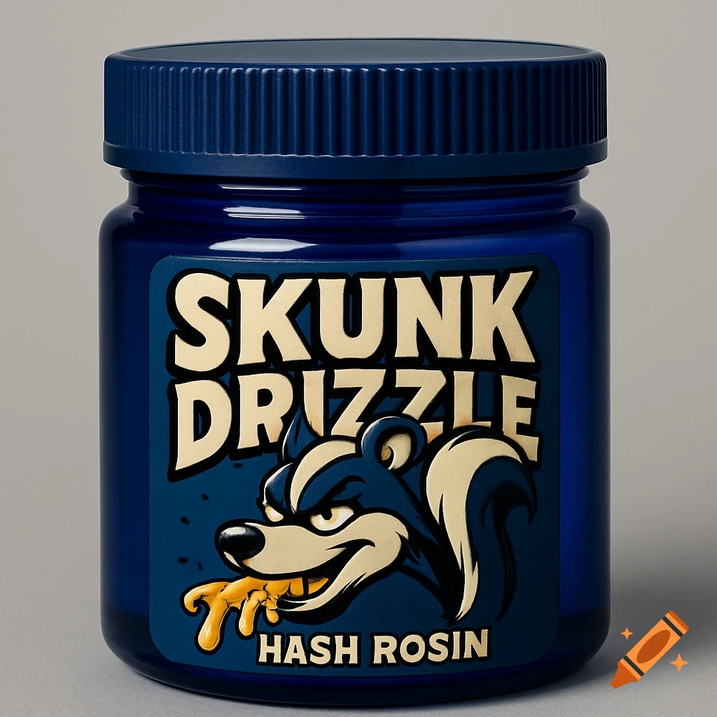 A blue glass jar with a dark blue label, featuring a cartoon skunk with dripping orange liquid and text that reads 'SKUNK DRIZZLE' and 'HASH ROSIN'.