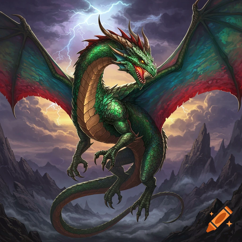 A majestic green dragon with red-tipped wings flies through a stormy, lightning-filled sky over jagged mountains in a detailed fantasy art style.