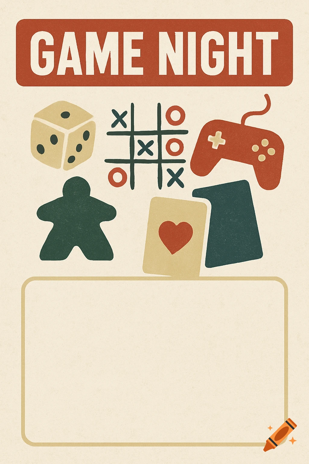 Vintage-style 'Game Night' flyer illustration with a die, tic-tac-toe, game controller, pawn, and playing cards, and a blank text area.