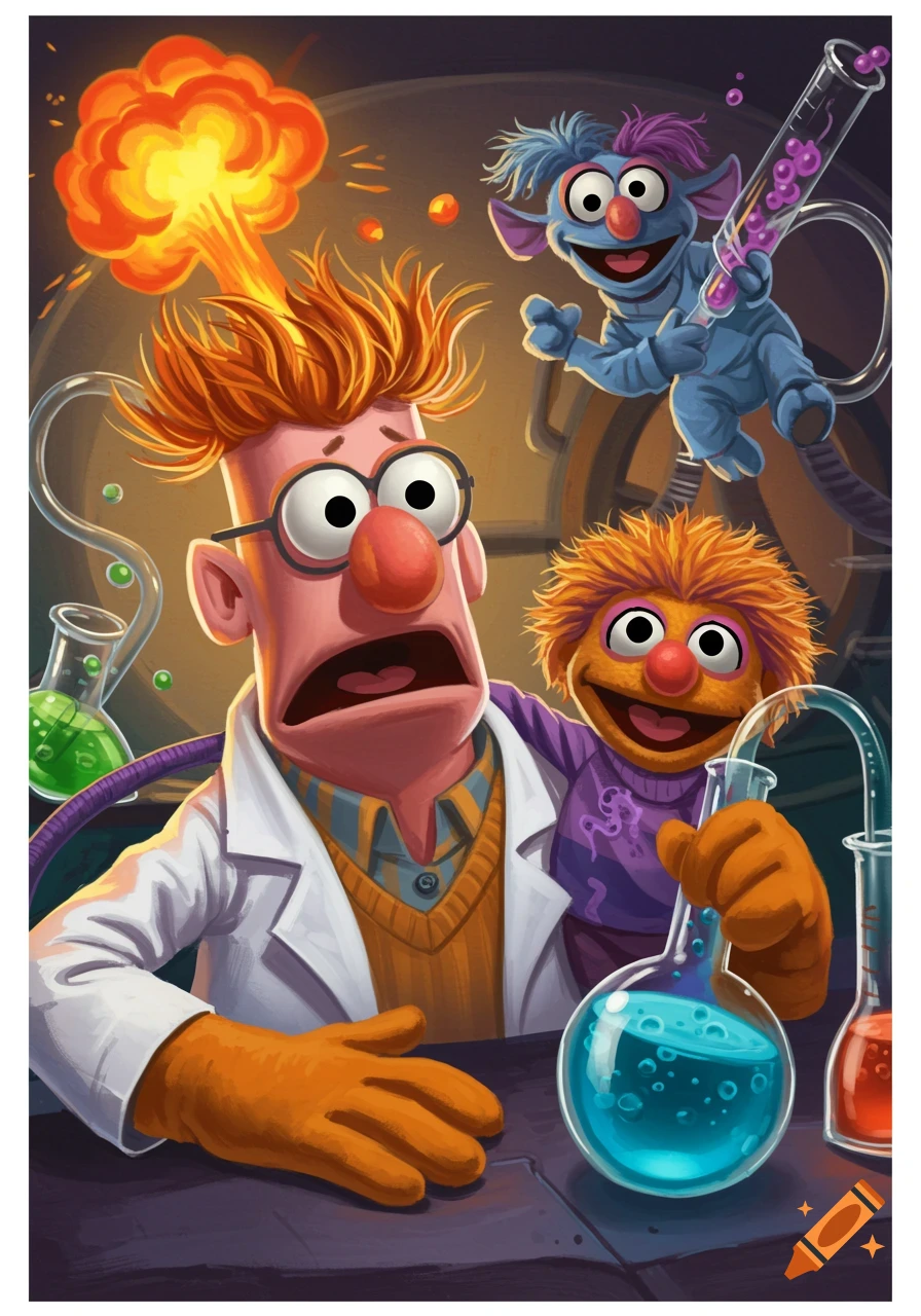 Cartoon illustration of Beaker and two Muppet-like creatures in a science lab, with an explosion above Beaker's head.