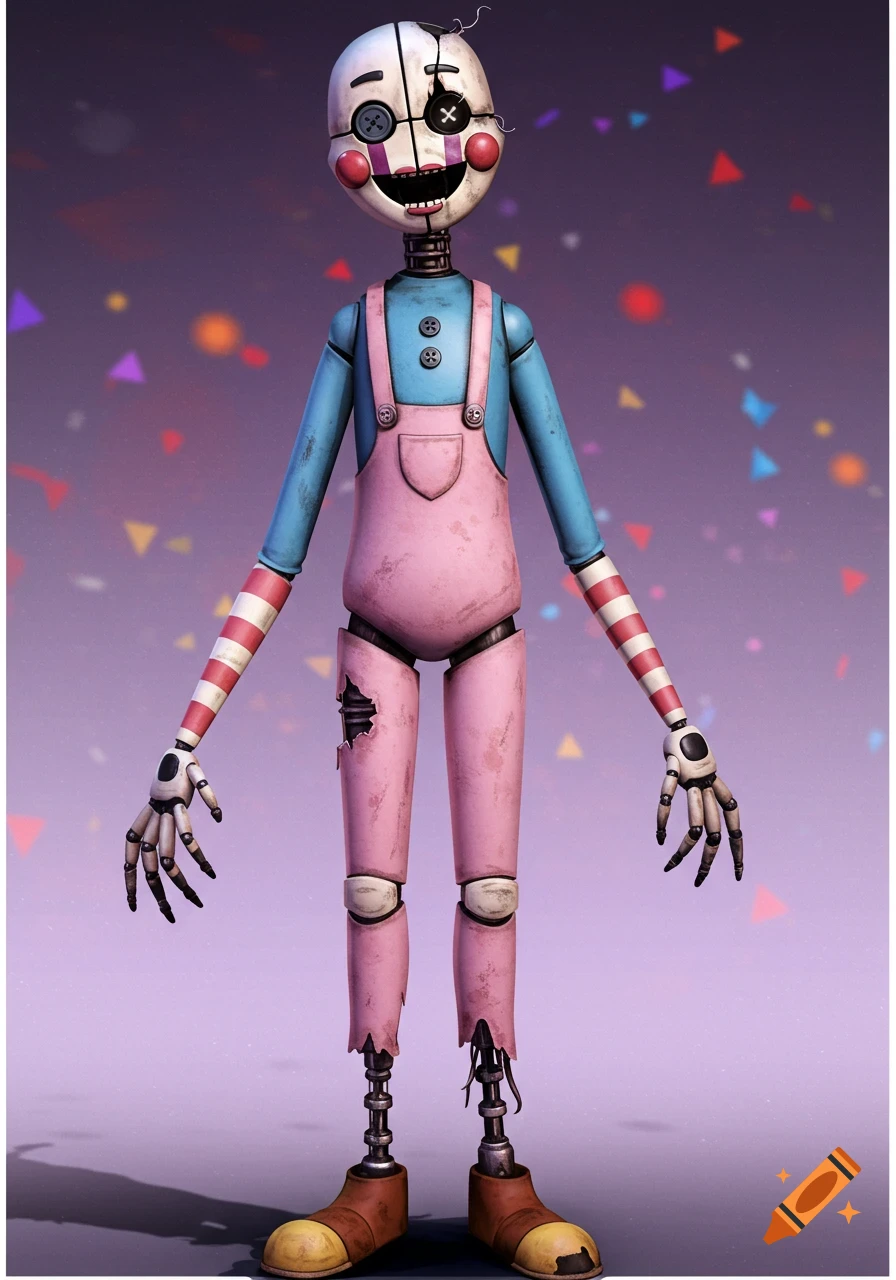 A worn humanoid animatronic doll with button eyes, rosy cheeks, a wide grin, blue shirt, pink overalls, and striped arms stands against a blurry party background.