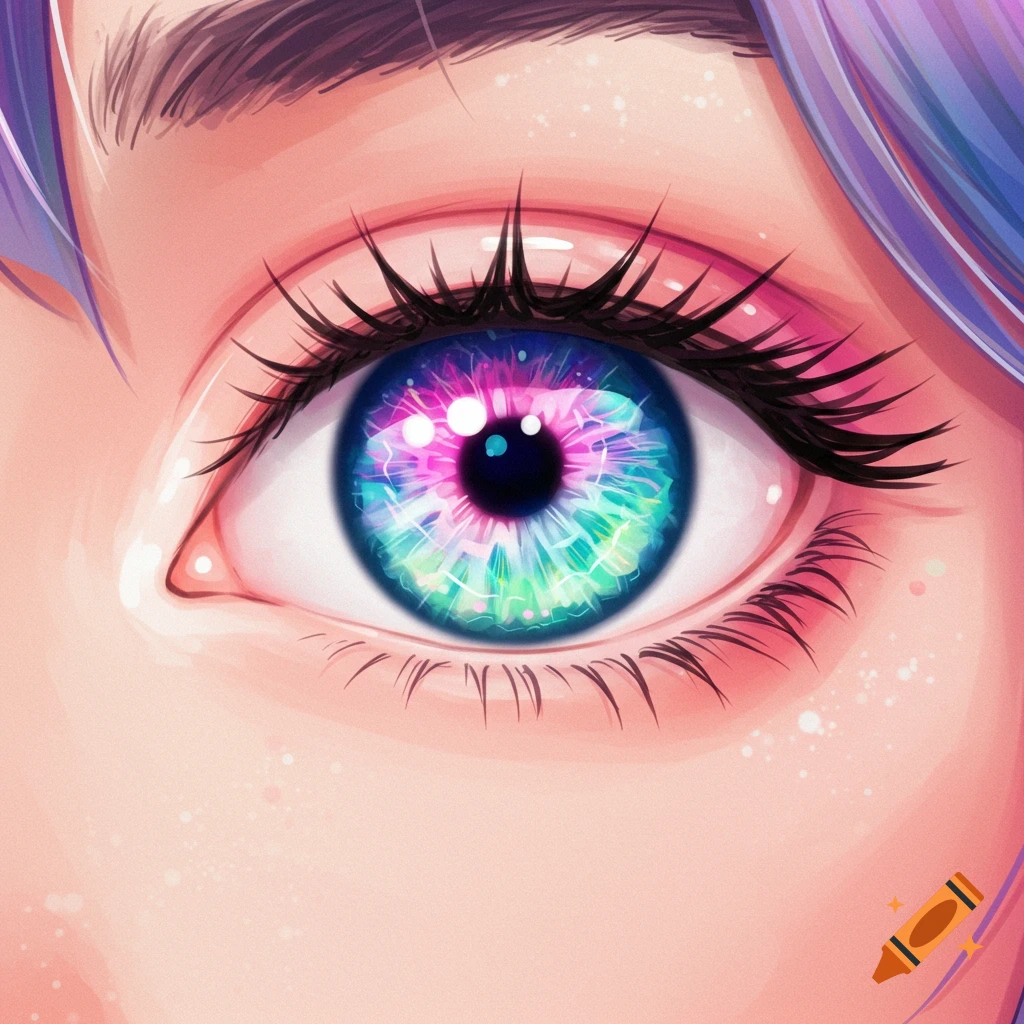 Close-up of a stylized anime eye with a vibrant, colorful iris in shades of pink, blue, and green, and long black eyelashes.