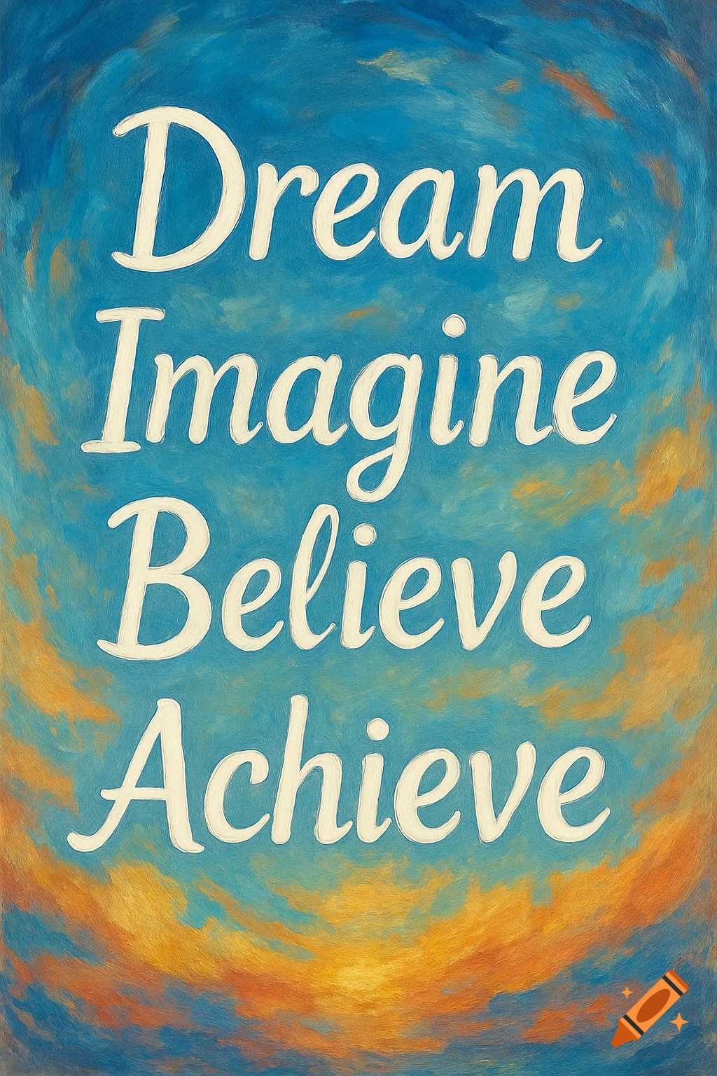 Inspirational quote "Dream Imagine Believe Achieve" in white script against a textured blue and orange sky background.