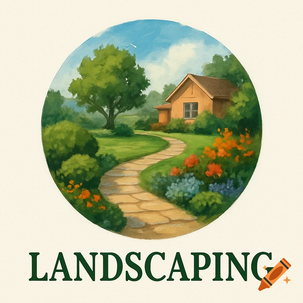 An illustrated circular logo depicting a winding stone path through a lush green garden with a house, and the word LANDSCAPING.
