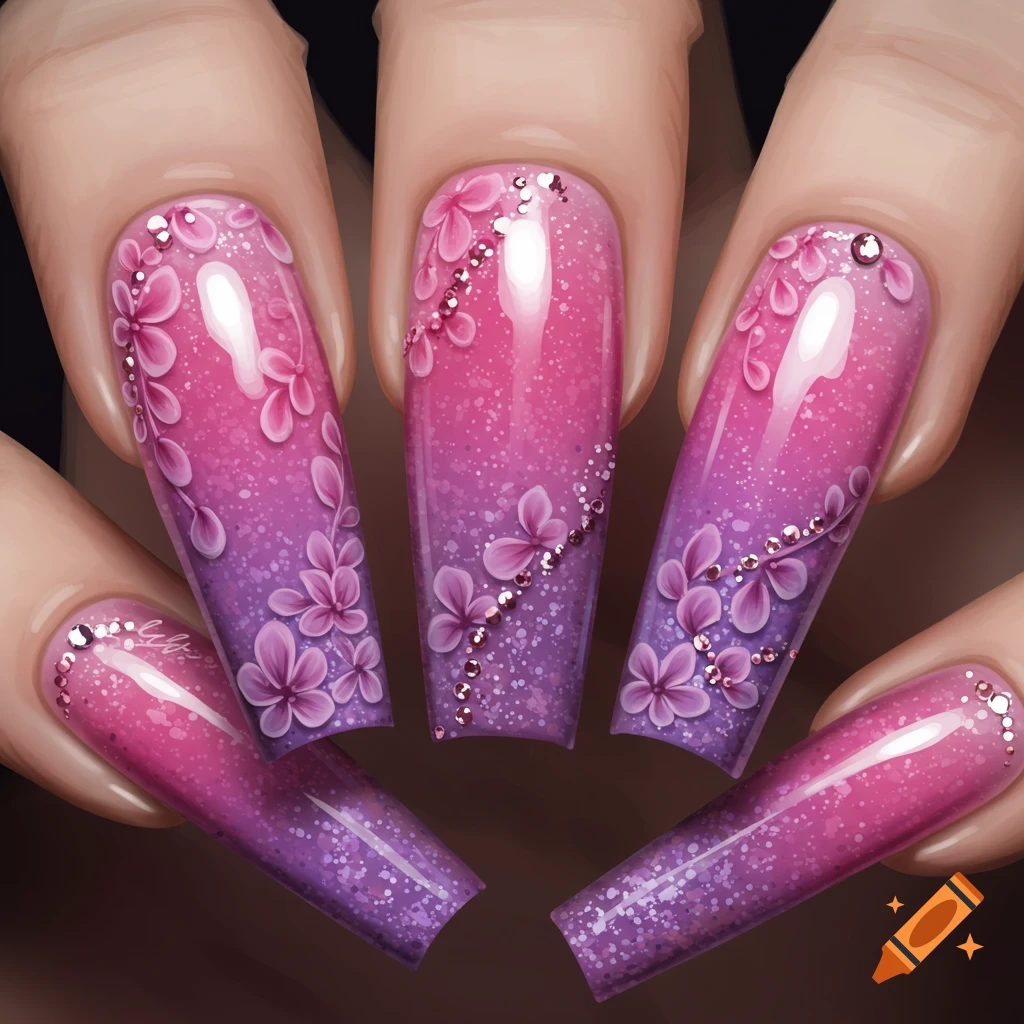 Close-up of five fingers with long, square-shaped nails painted in a pink and purple glitter gradient with 3D floral designs and rhinestones.