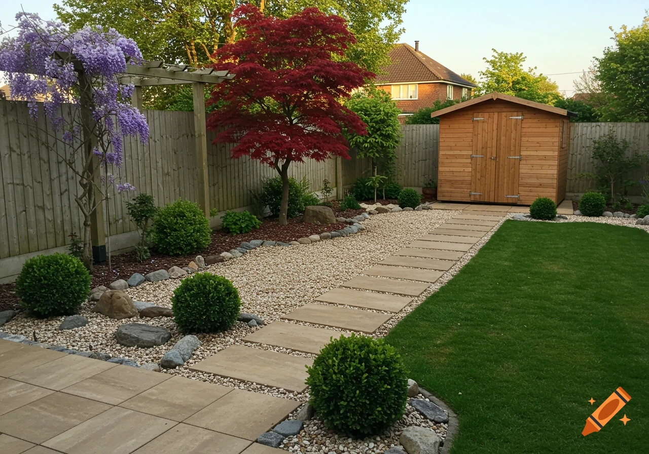 A landscaped backyard garden with a green lawn, gravel path, wooden shed, red maple tree, and purple wisteria under late afternoon light.