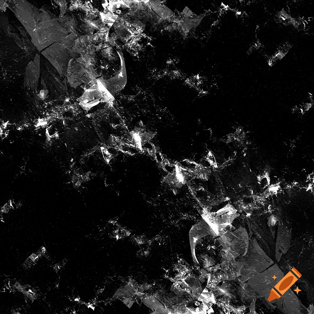 An abstract black and white fractal pattern with shattered, crystalline shapes on a dark background.