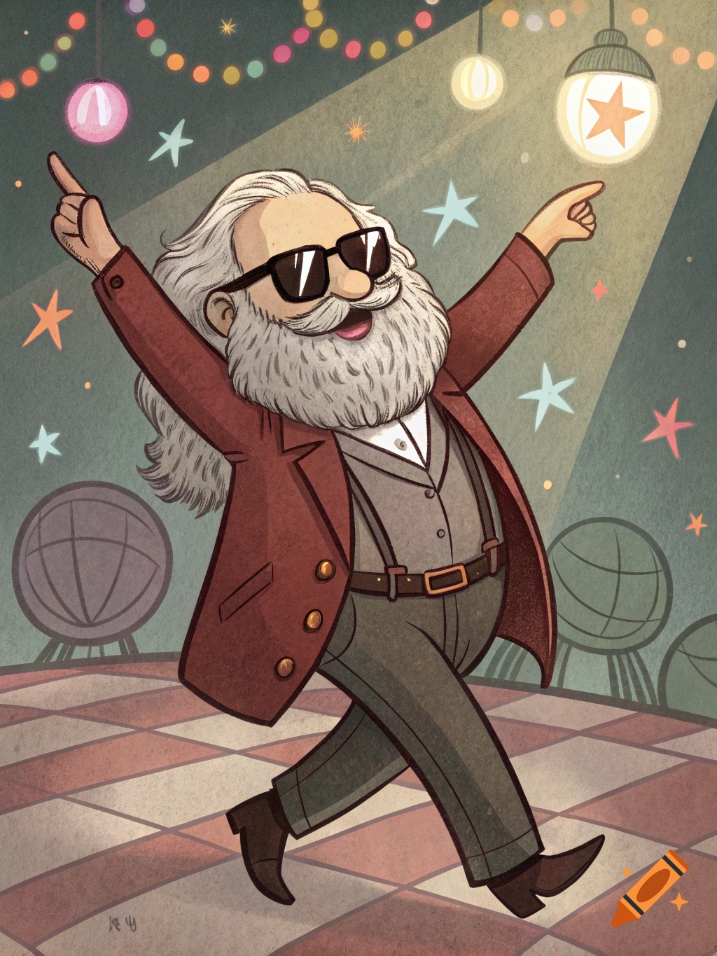 Cartoon illustration of Karl Marx in sunglasses dancing under disco lights.