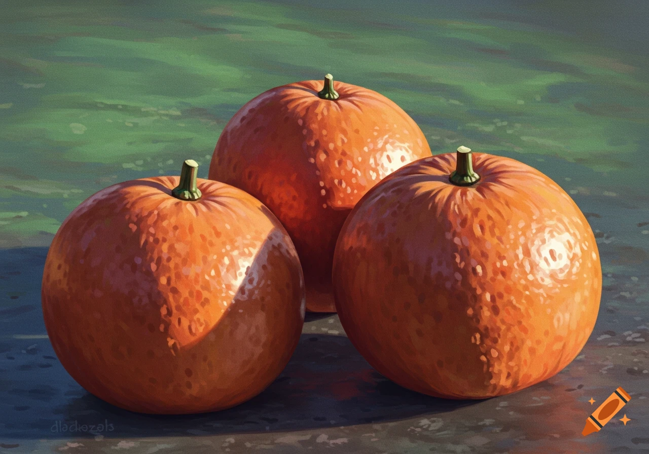 A vibrant still life painting of three round orange fruits, possibly pumpkins or oranges, with green stems, on a dark surface and green background.