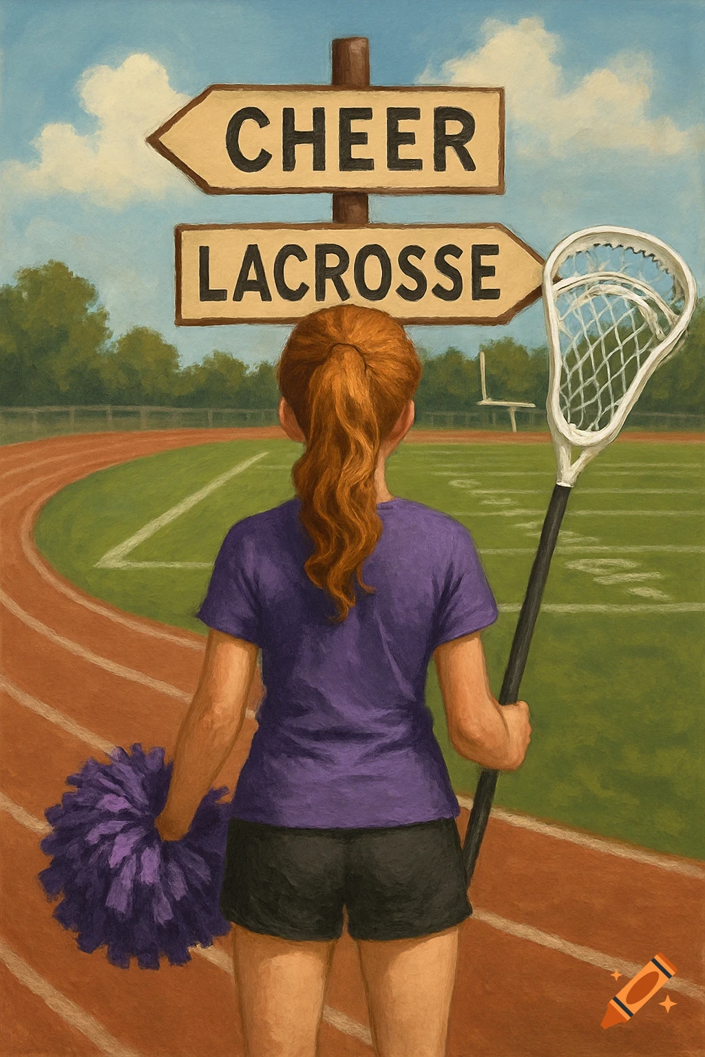 Painting of a girl from behind on a track, looking at a sign for 'CHEER' and 'LACROSSE' while holding a pom-pom and lacrosse stick.