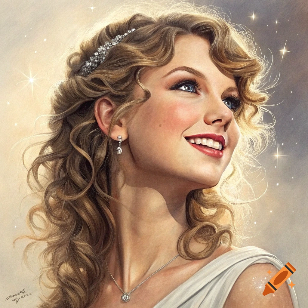 Portrait of Taylor Swift with blonde curly hair, a sparkling tiara, and a necklace, smiling and looking up against a soft, glowing background.