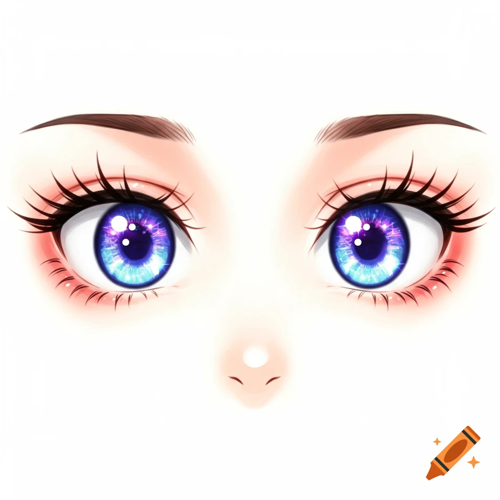 Close-up of bright blue, sparkling anime eyes with long eyelashes and defined eyebrows against a white background.
