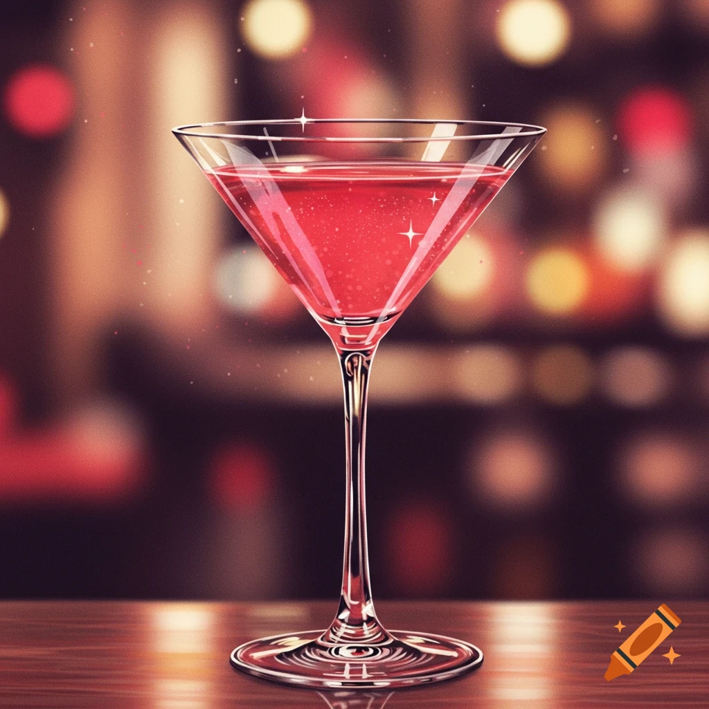 A sleek martini glass holds a sparkling pink drink on a wooden table with a blurred bokeh background.