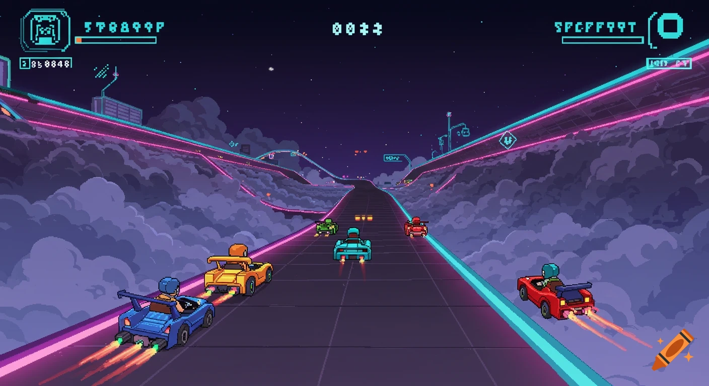 Pixel art racing game with colorful cars on neon tracks above clouds at night, featuring a HUD.