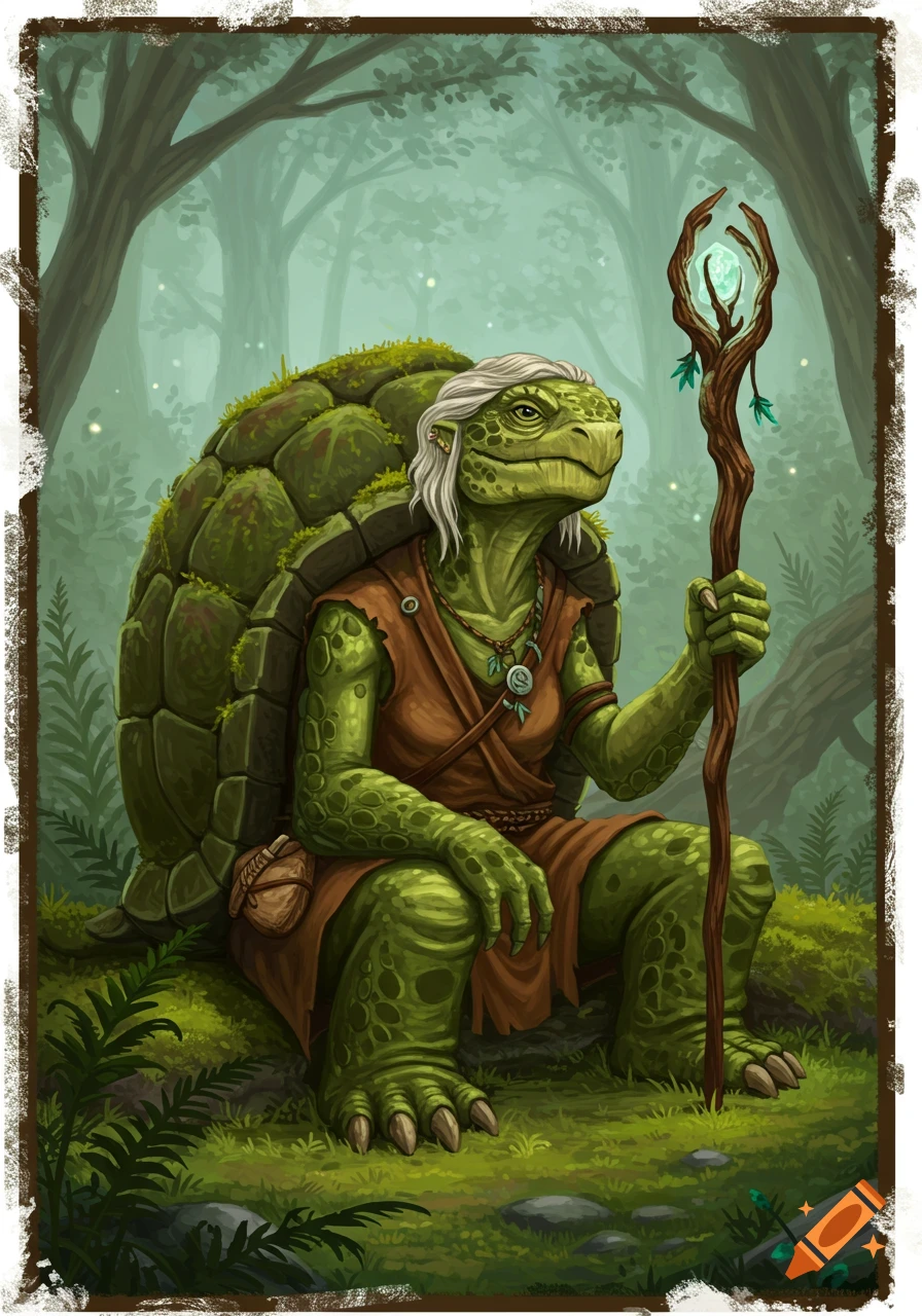 An elderly green tortle, a turtle-like humanoid with white hair, sits in a mystical forest holding a glowing staff. Fantasy digital art.
