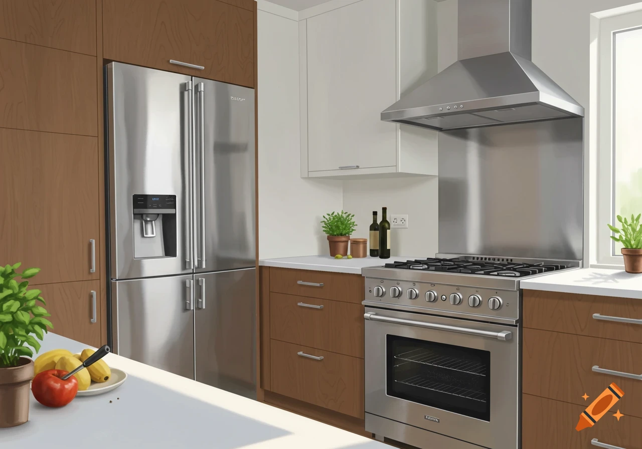 A modern kitchen featuring a stainless steel refrigerator, gas range, wood cabinets, and white countertops.
