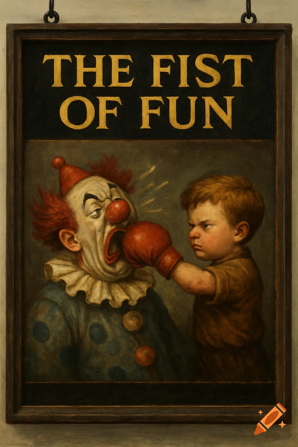 A pub sign painting depicts a child punching a clown; text reads 'THE FIST OF FUN'.