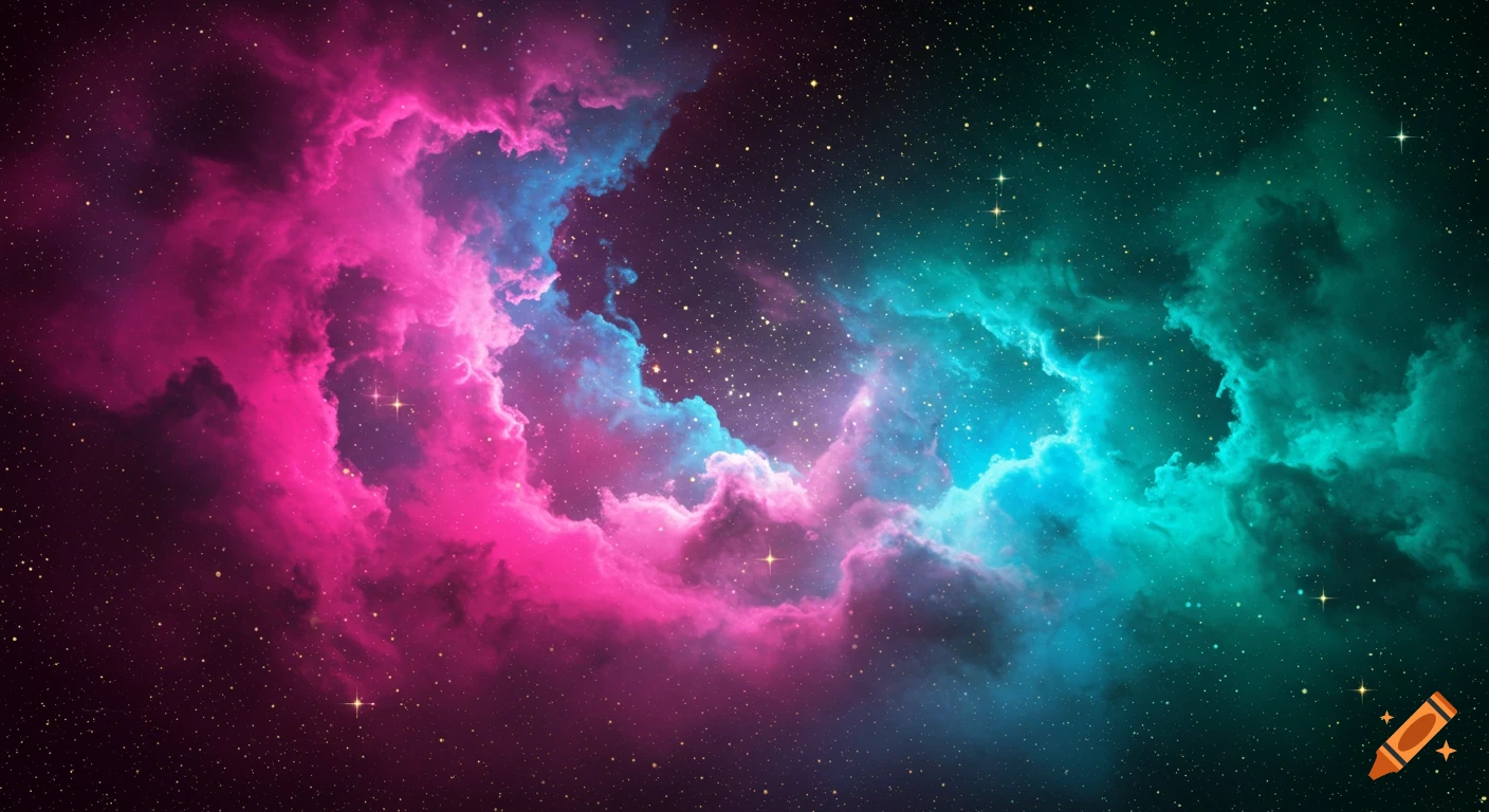 A vibrant pink, blue, and teal nebula swirls among countless stars in the dark expanse of outer space.