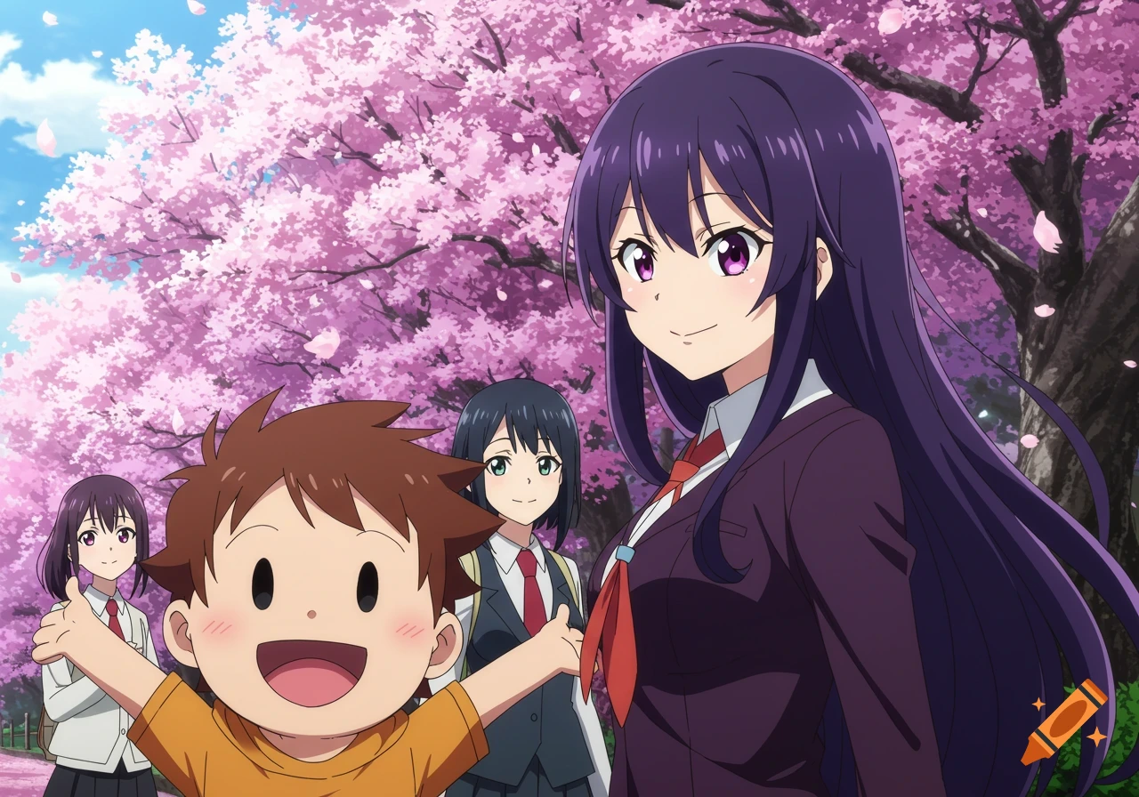 Four smiling anime characters, one boy and three girls, stand under a vibrant pink cherry blossom tree with petals falling.