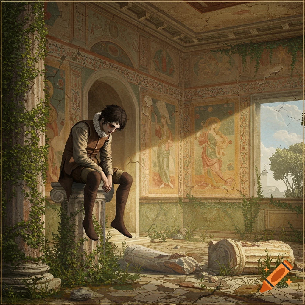 A somber figure in period attire sits on a broken column amidst overgrown ruins with faded classical murals.