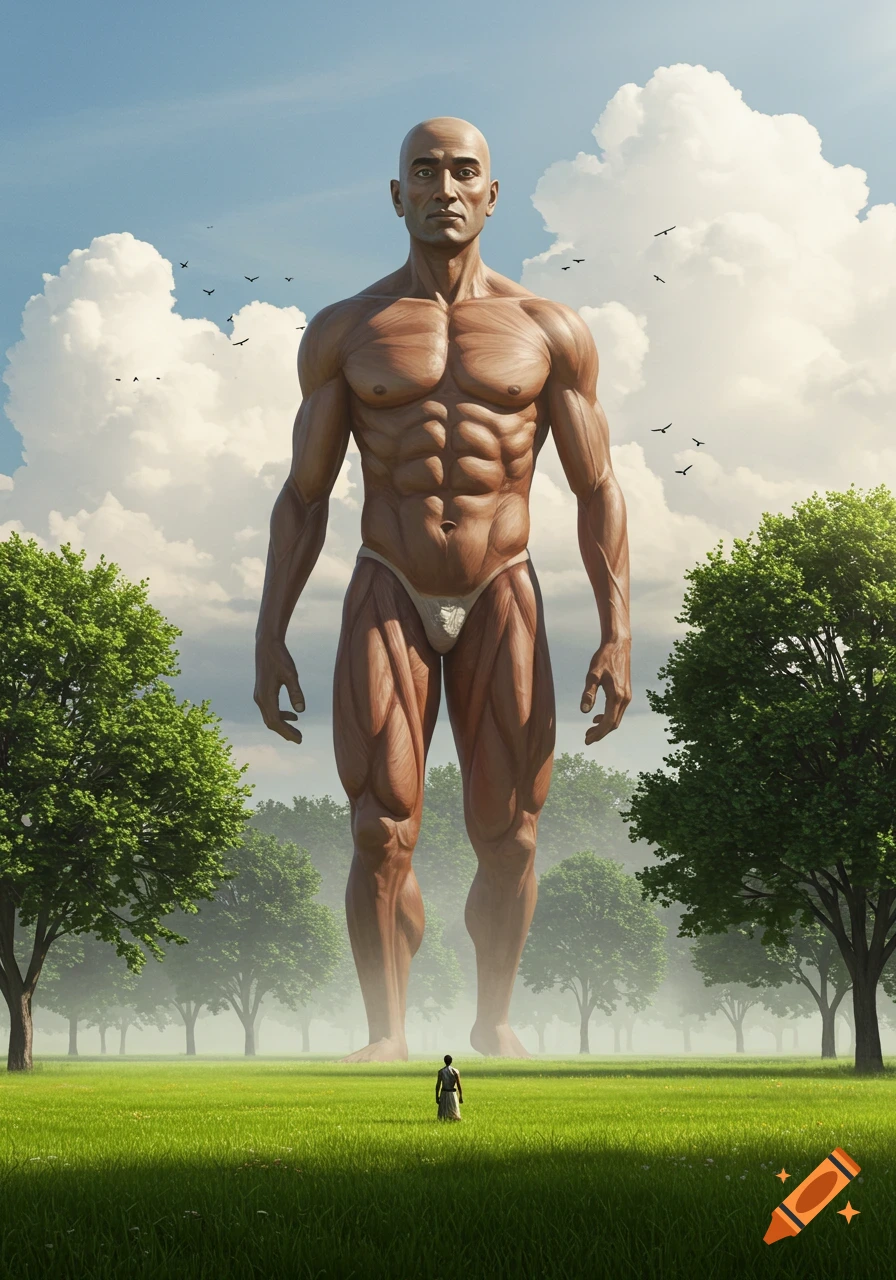 A giant bald, muscular man in a speedo stands in a green field with a tiny human below, under a cloudy sky.