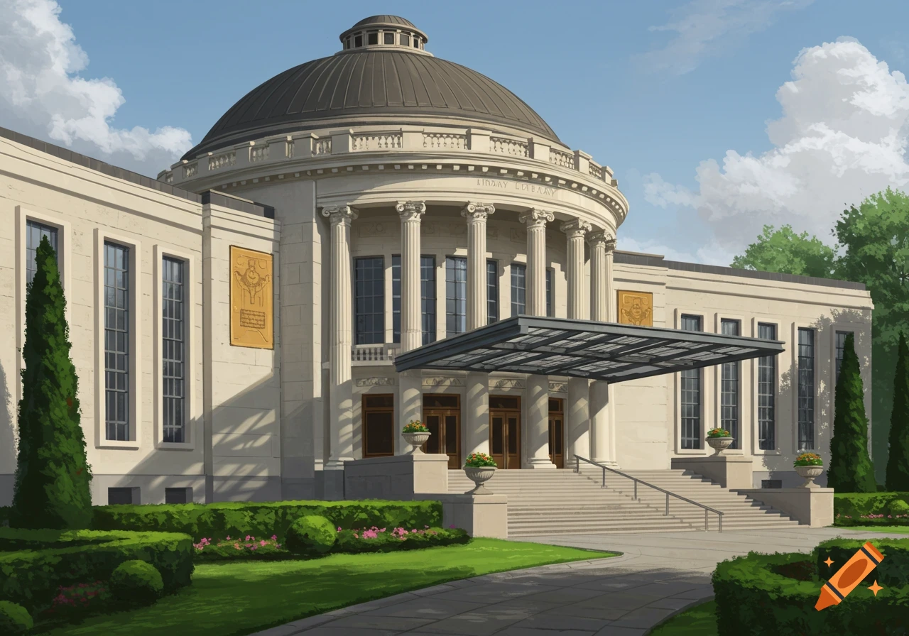 Exterior view of a grand classical and modern library with a large dome, pillars, and green landscaping.