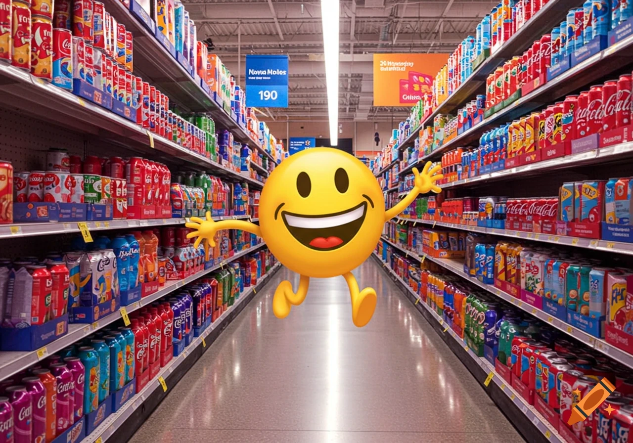A yellow smiley face with arms and legs runs joyfully down a bright, colorful supermarket drinks aisle.
