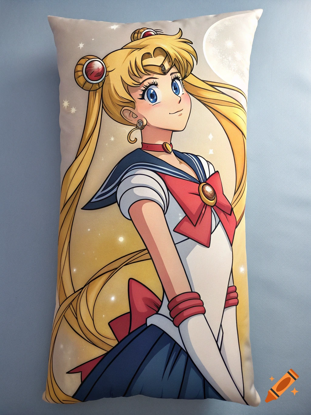 Anime art of Sailor Moon smiling on a body pillow, with a moon and stars in the background.