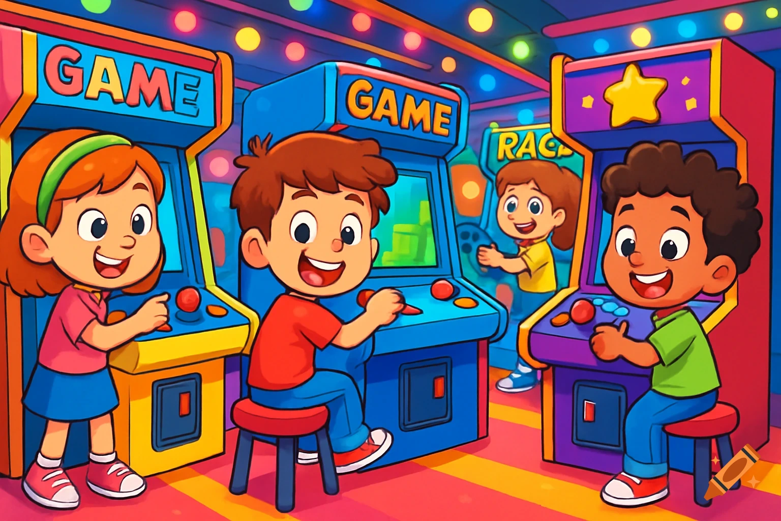 Happy cartoon kids play arcade games in a brightly lit gaming club.