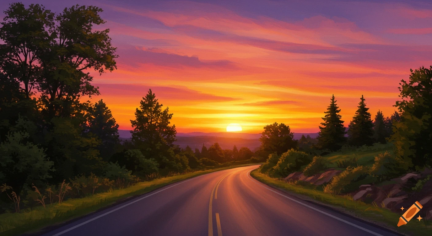 A scenic road winds through a forested landscape as the sun sets, casting vibrant orange, pink, and purple hues across the sky.