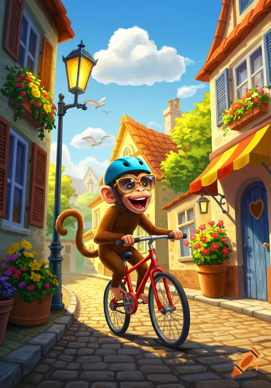 A happy cartoon monkey wearing a blue helmet and sunglasses rides a red bicycle down a cobblestone street in a vibrant, colorful village scene.