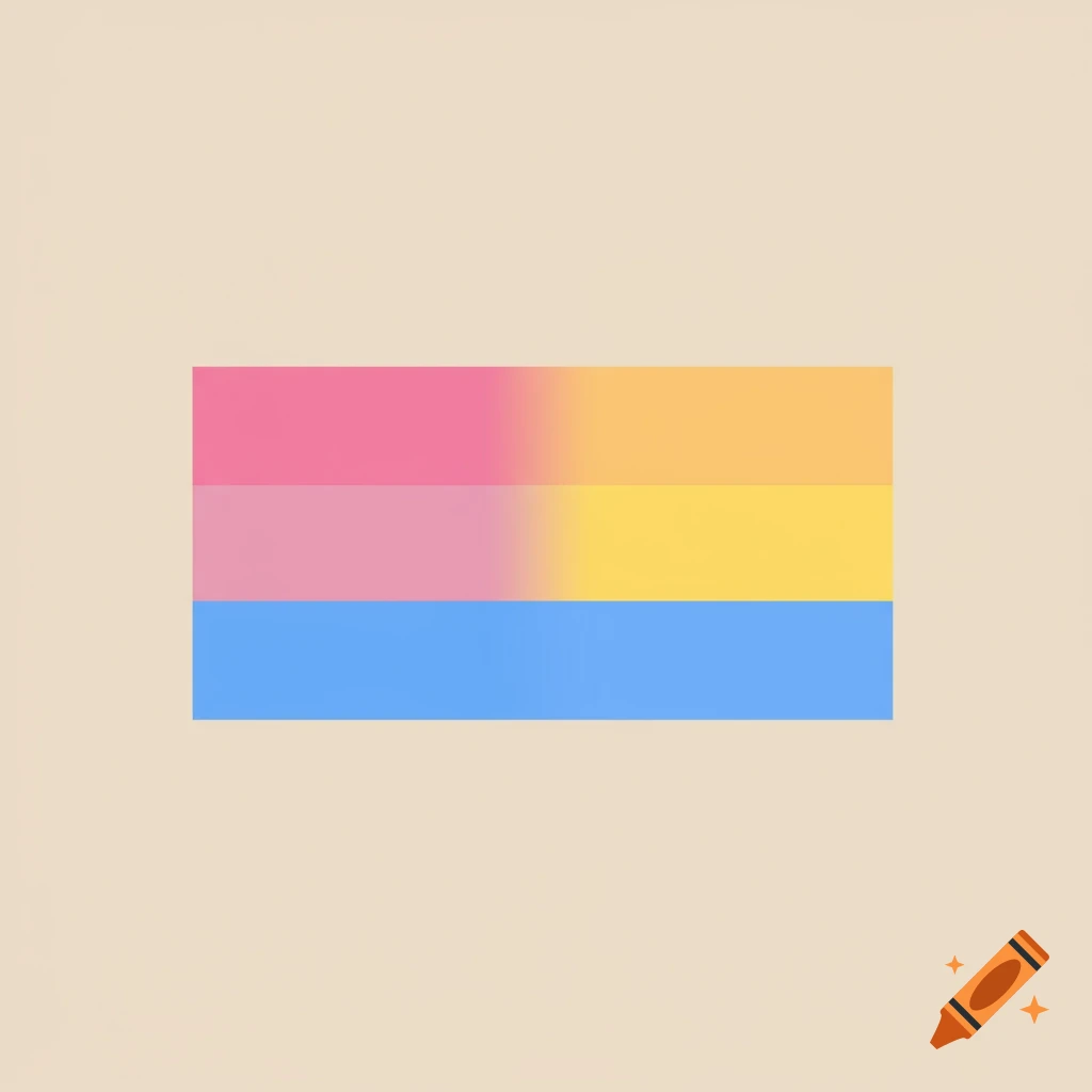 A pansexual pride flag with pink, blended pink-yellow, and blue horizontal stripes on a beige background.