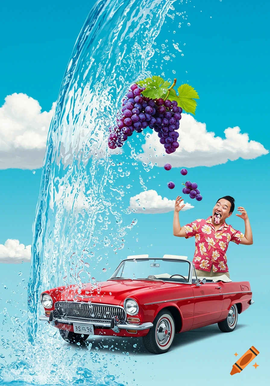 A man in a red convertible under a cascade of water, catching falling grapes with an exaggerated expression, against a blue sky.