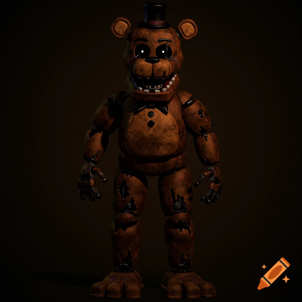 A full-body shot of a dilapidated brown bear animatronic with glowing white eyes, wearing a black top hat and bow tie, against a dark background.