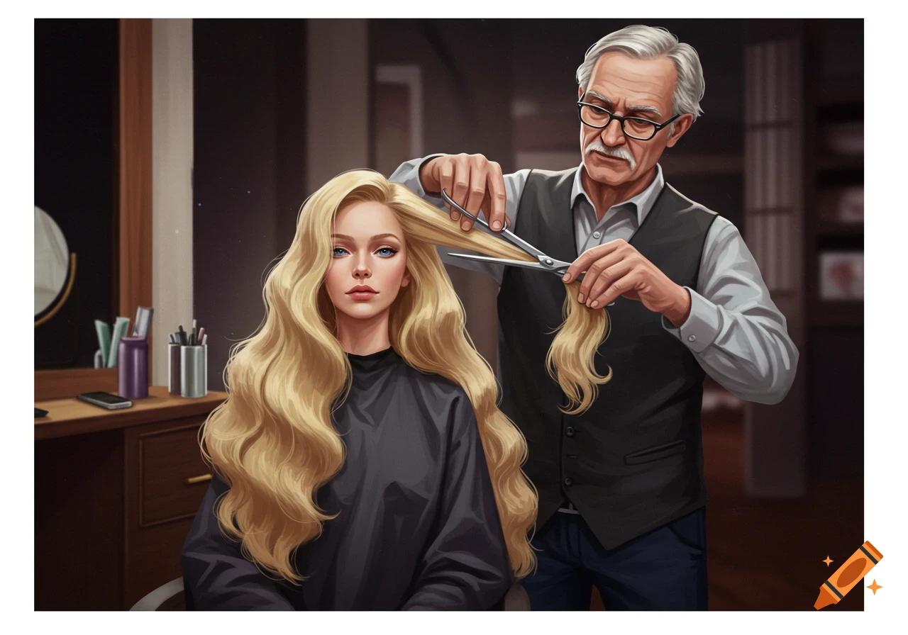 An older male stylist cuts the long blonde hair of a woman in a salon, illustration.