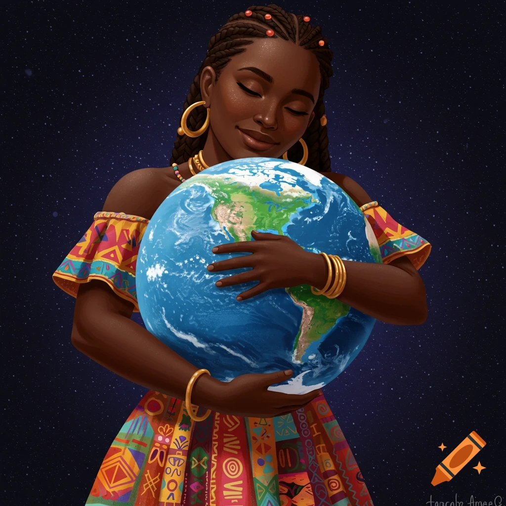 An illustration of a Black woman with braided hair and colorful clothes gently hugging the Earth in space.