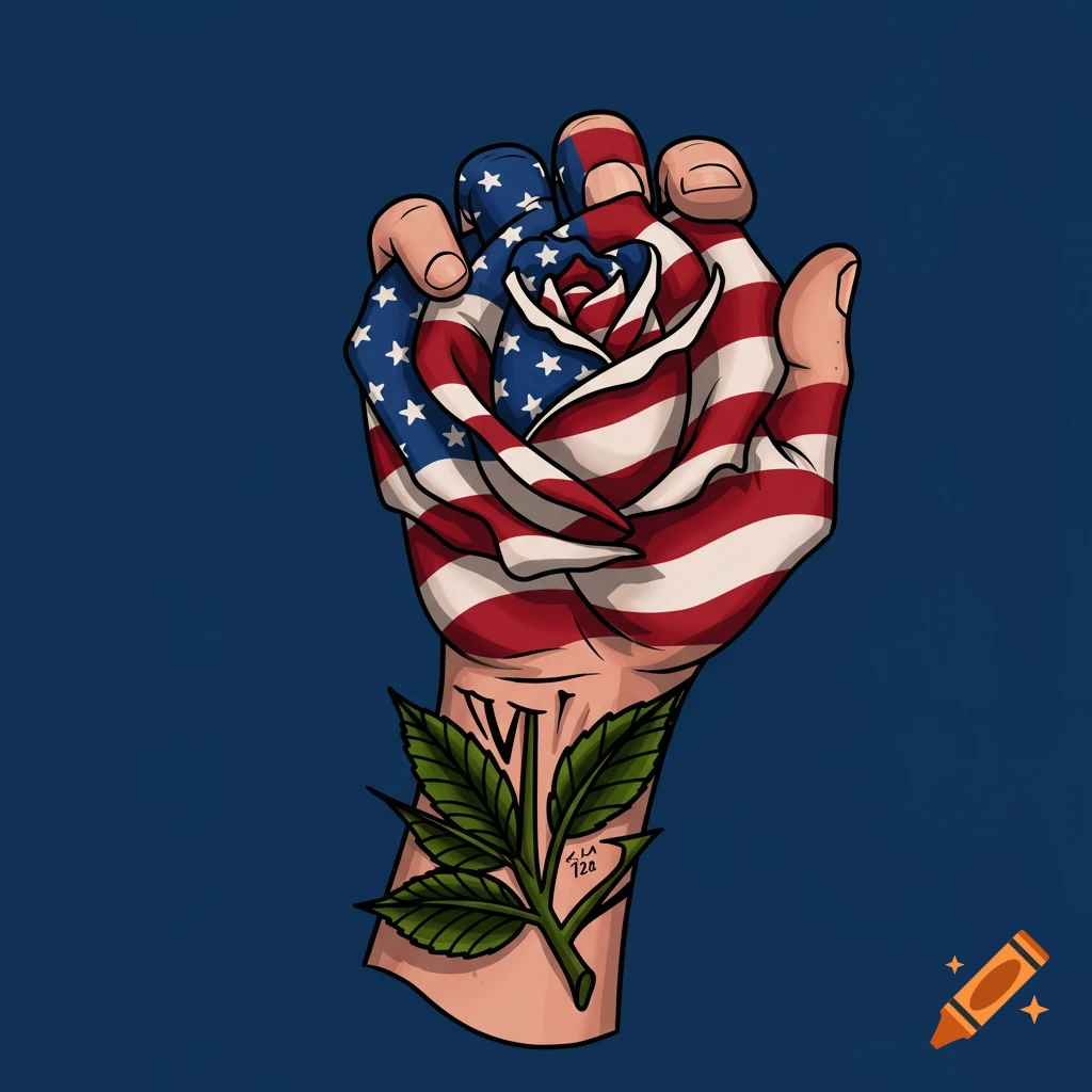 An illustrated hand clenches a rose with petals designed like an American flag. A tattoo of Roman numerals and initials is on the wrist.