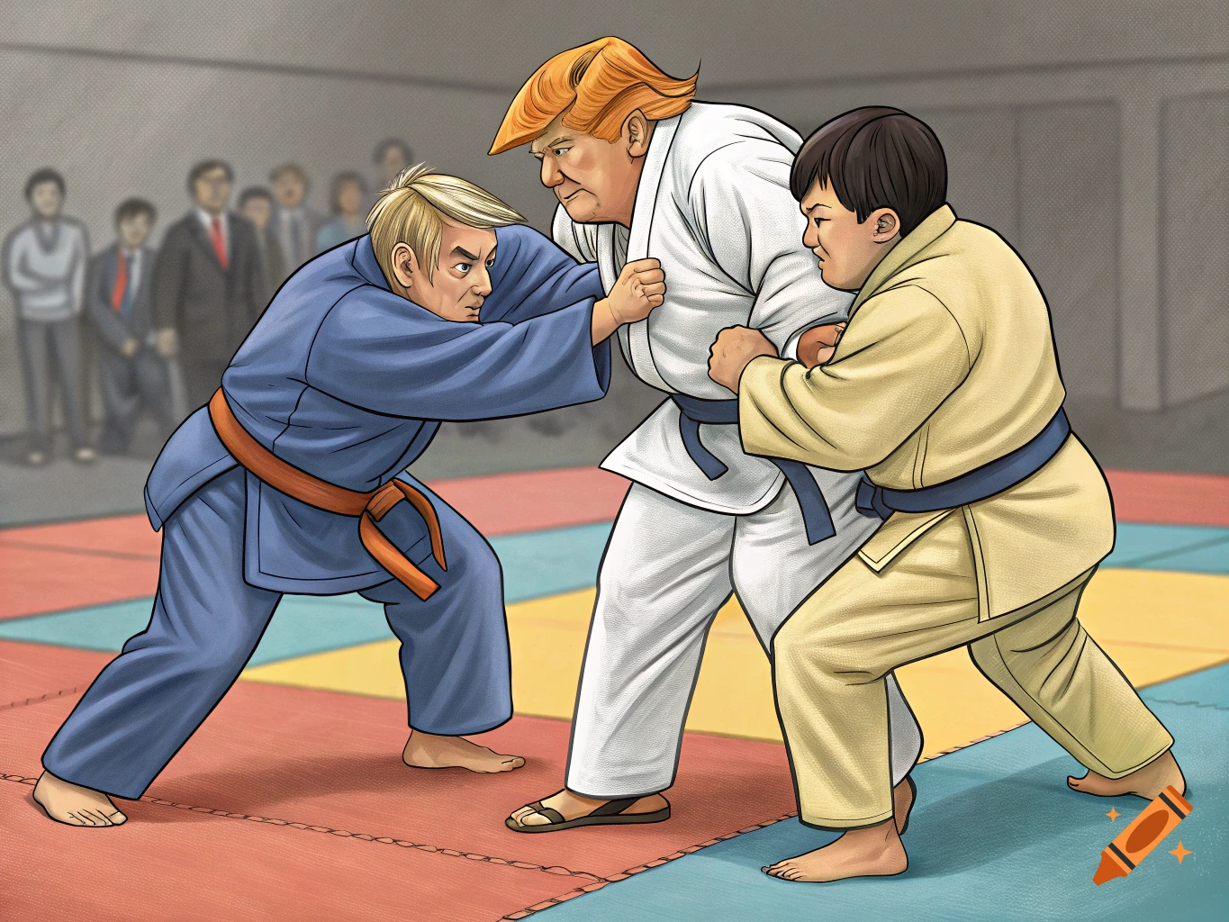 Cartoon illustration of three men, caricatures of Donald Trump and Vladimir Putin, engaged in a judo match on a mat, with spectators in the background.