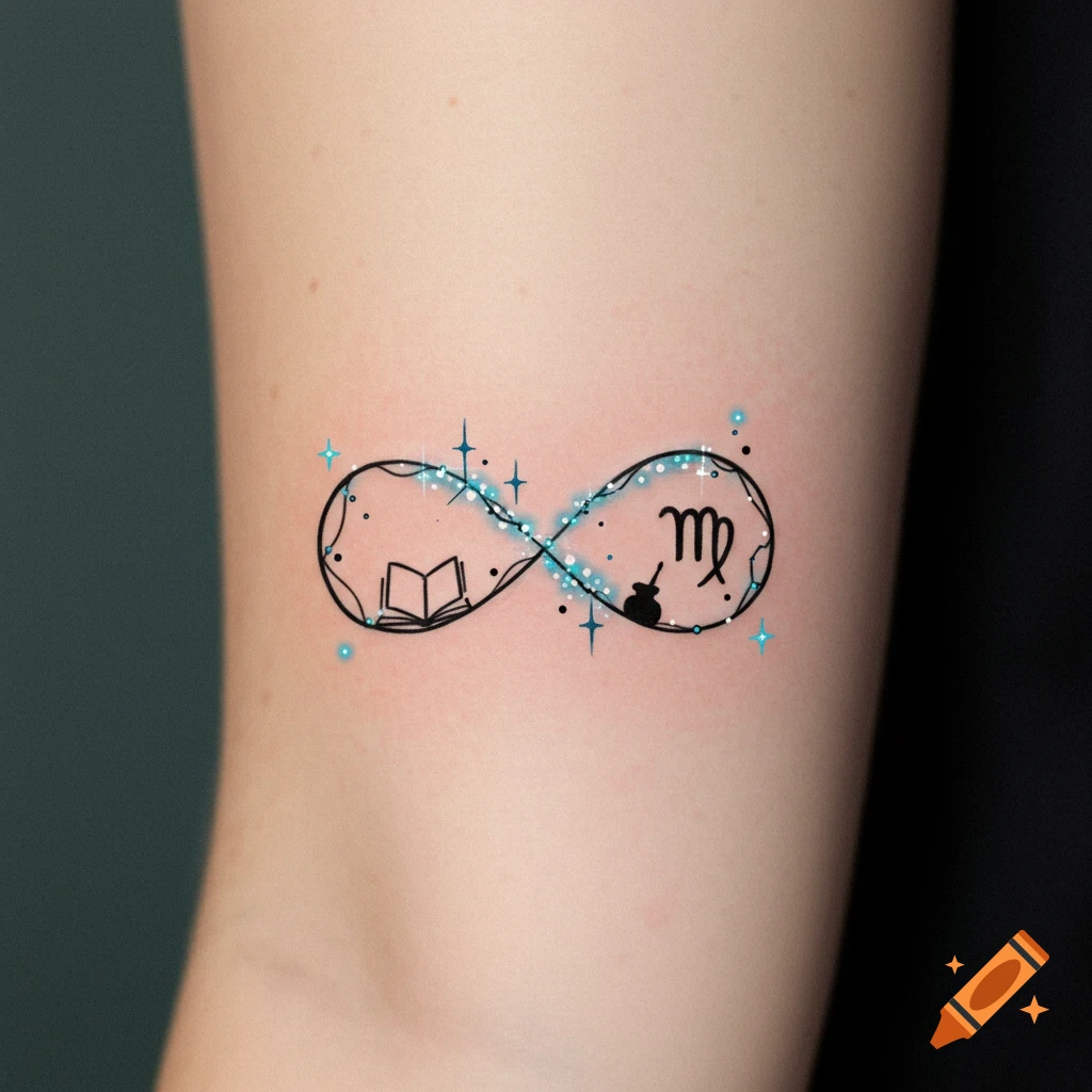 Infinity symbol tattoo with Virgo glyph, open book, guitar, and blue sparkles on an arm.