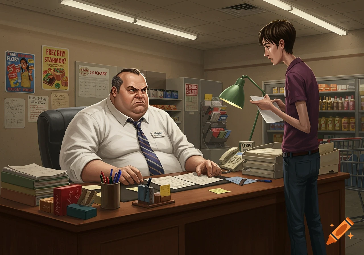 Cartoon of a fat, angry male grocery store manager glaring at a skinny, uncomfortable male employee in an office.