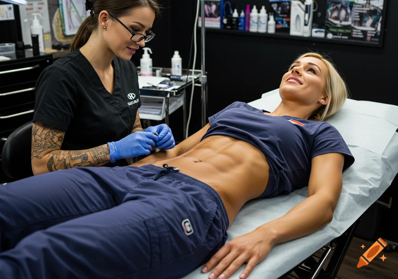 A professional piercer in blue gloves prepares to give a navel piercing to a smiling woman with defined abs in a modern parlor. Photorealistic.