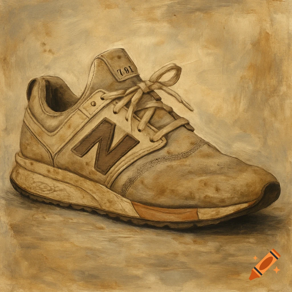 A worn New Balance sneaker, featuring the 'N' logo and a distressed look, rendered in a sepia-toned oil painting style.