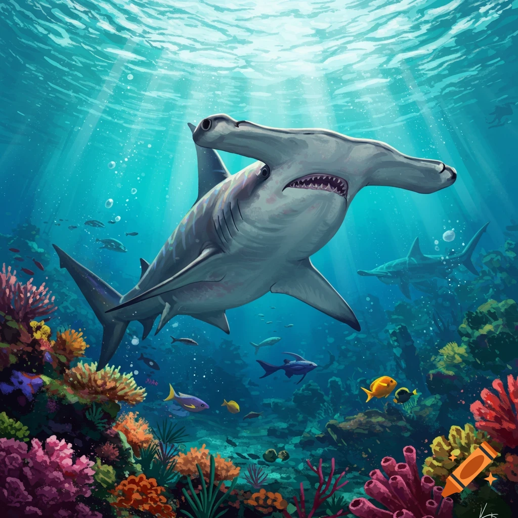 An underwater illustration of a hammerhead shark swimming above a colorful coral reef with other fish and sunbeams.