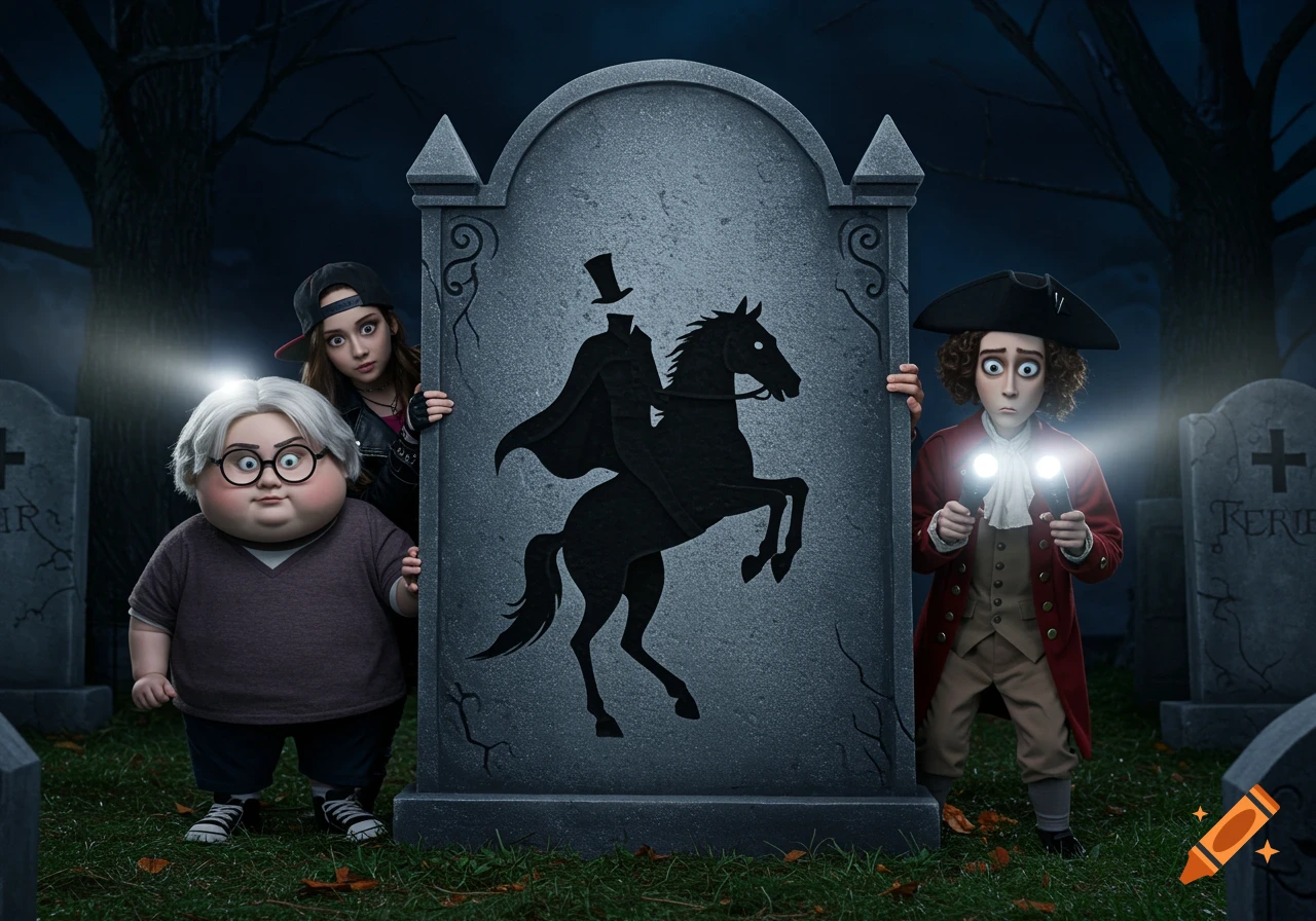 Three cartoonish kids, one chubby, one girl in a backward hat, and a boy in a tri-corner hat, peek from behind a tombstone with a headless horseman silhouette in a spooky, nighttime cemetery, shining flashlights.