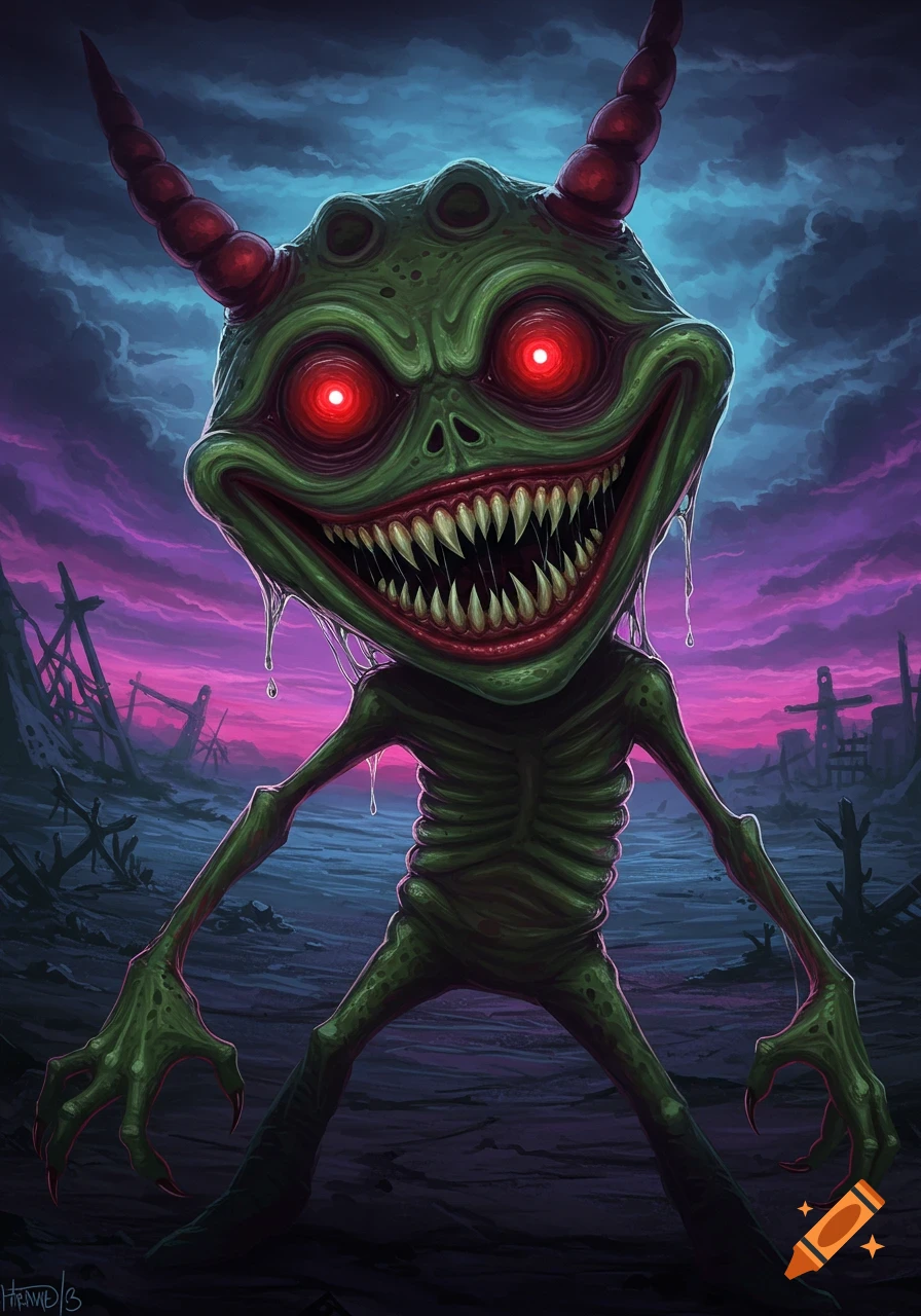 A creepy green monster with red glowing eyes and sharp teeth stands in a desolate landscape under a purple sky, digital painting.